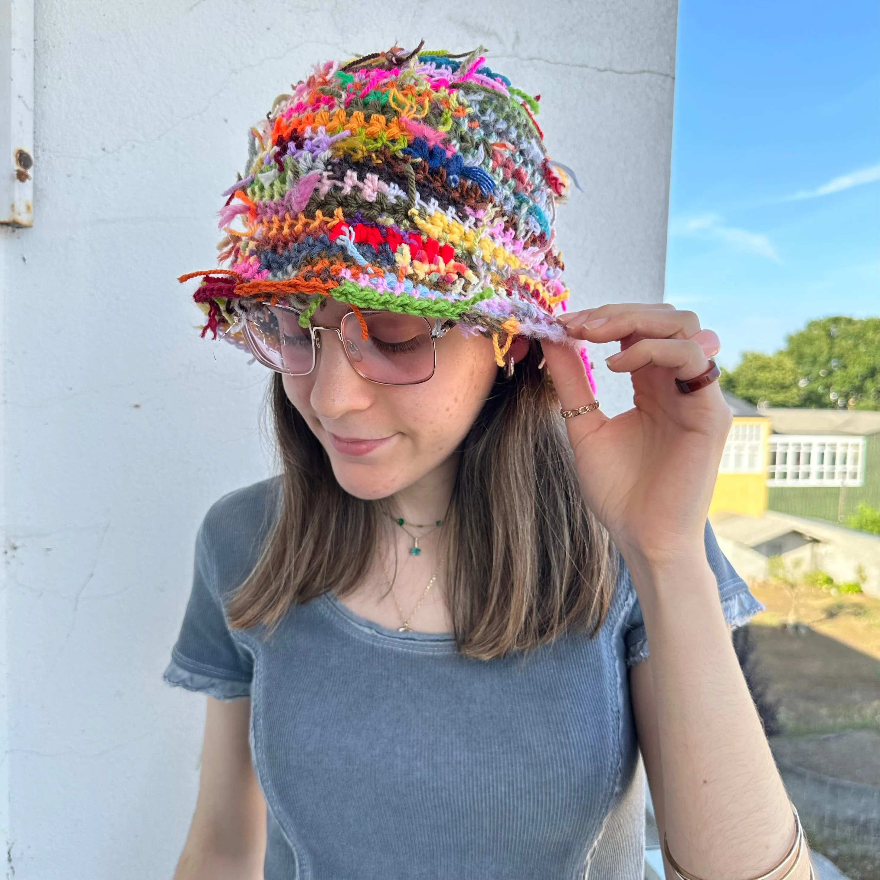 1 of 1 handmade crochet bucket hat made from leftover scraps of yarn