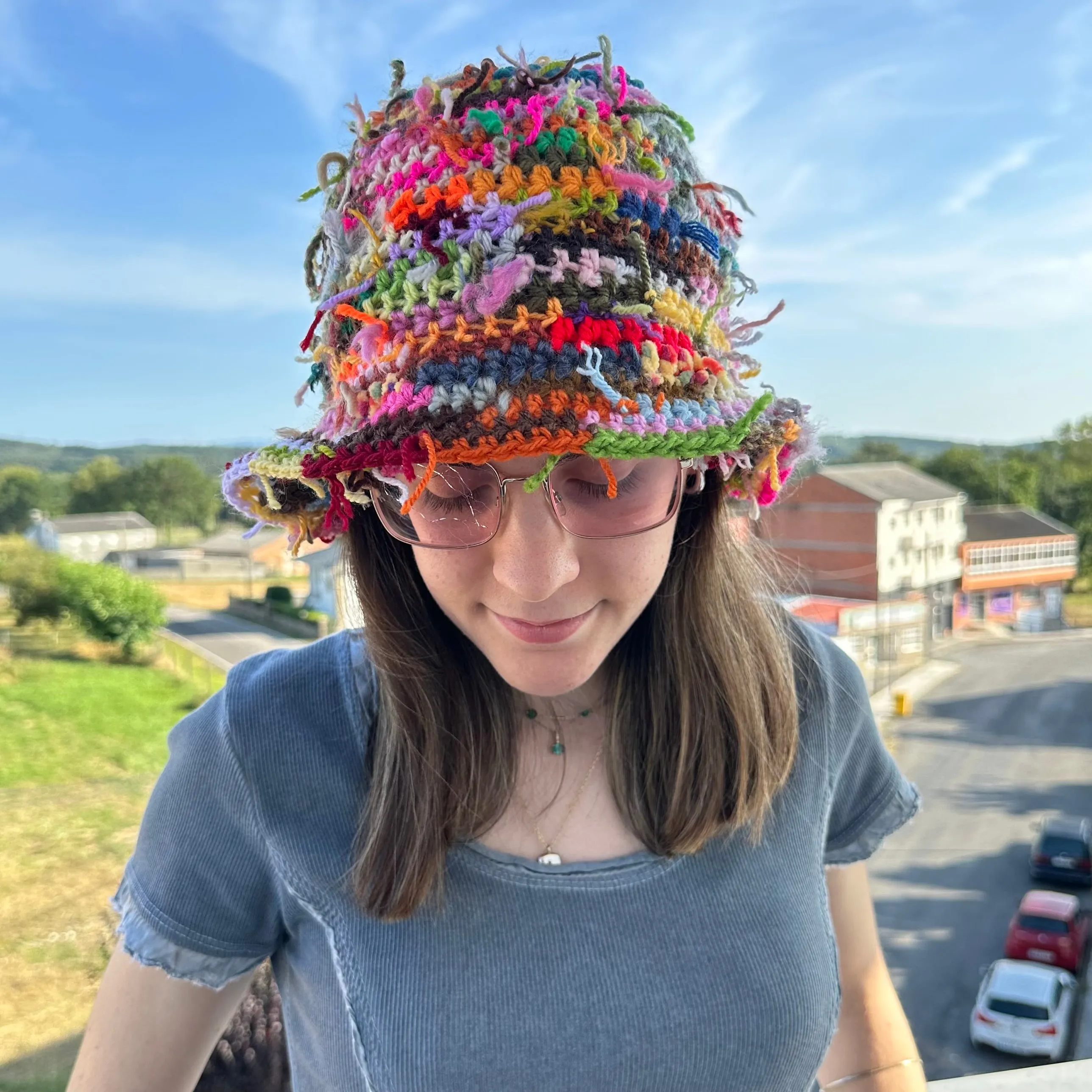 1 of 1 handmade crochet bucket hat made from leftover scraps of yarn