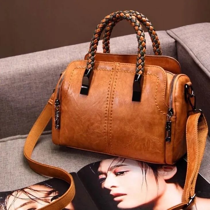 2020 new large - capacity vintage soft leather shoulder bag fashion knitting handbag