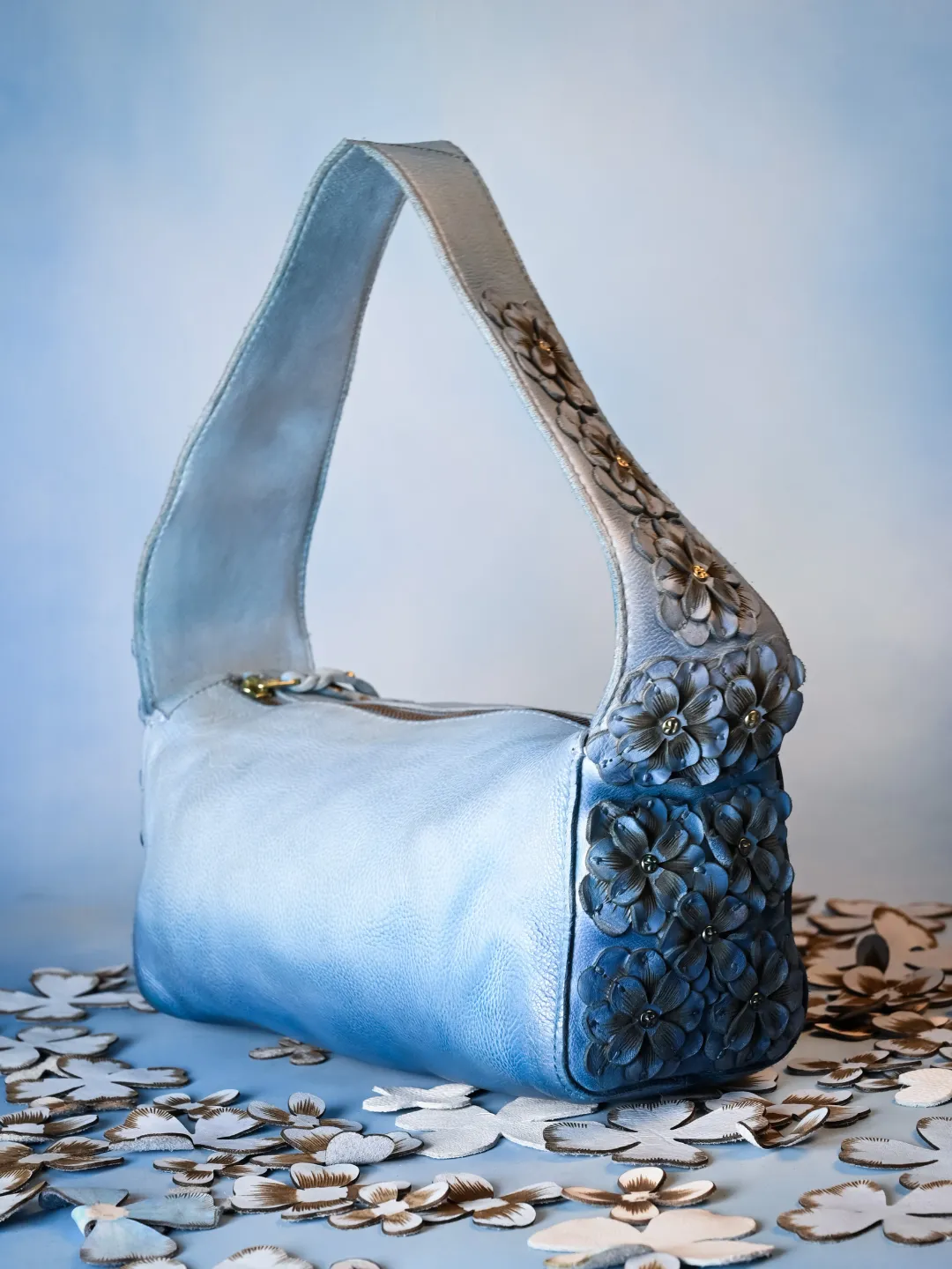 Azure Aster Charm: Elevate Your Look with Our Blue Leather Shoulder Bag