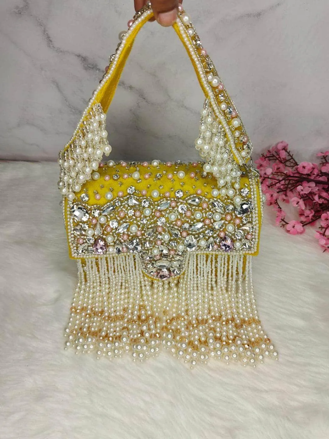 Designer Crystal And Pearl Work Flap Clutch