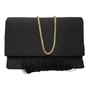 Galvan London Black / Gold Chain Strap Fringe Satin Handbag