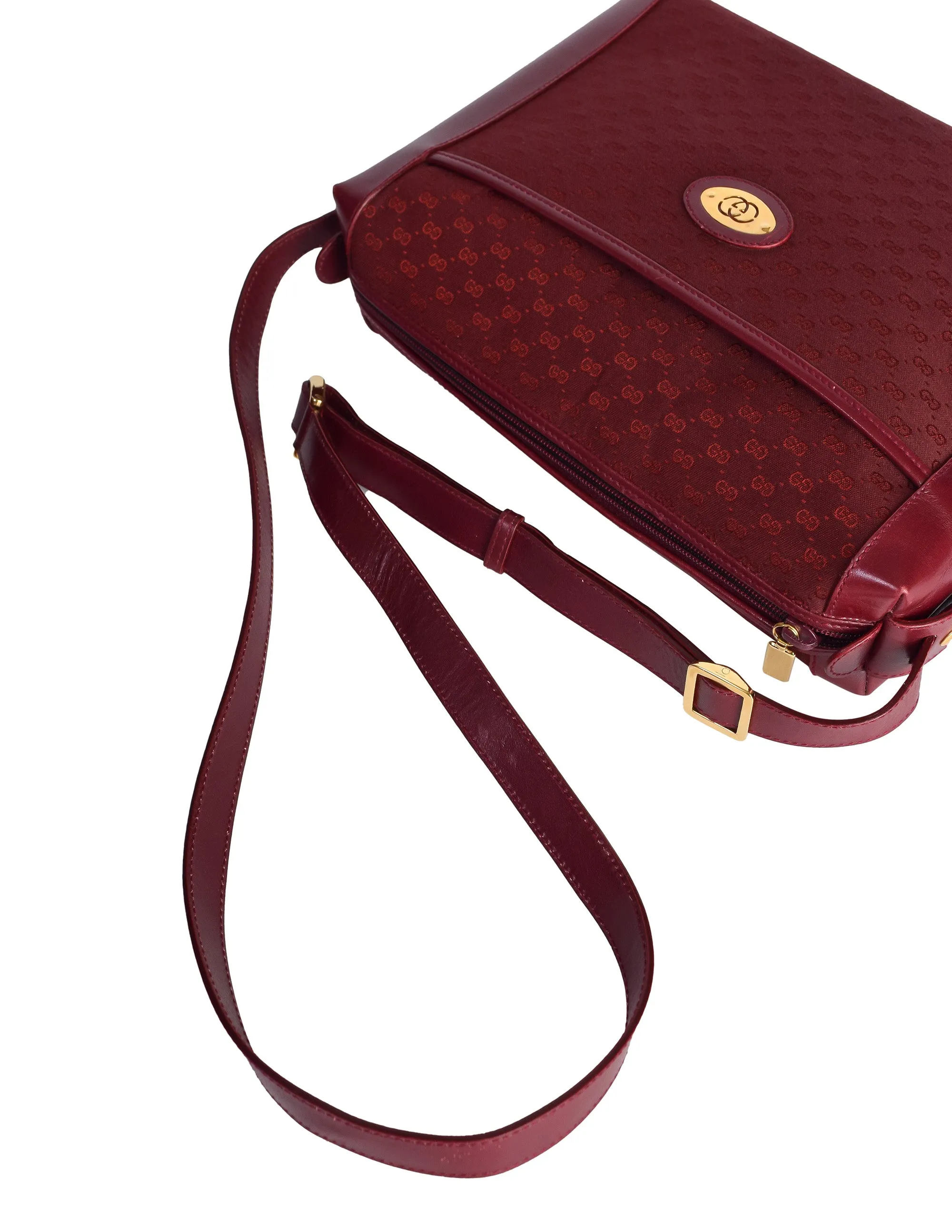 Gucci Vintage Maroon Leather and GG Logo Monogram Fabric Crossbody Bag