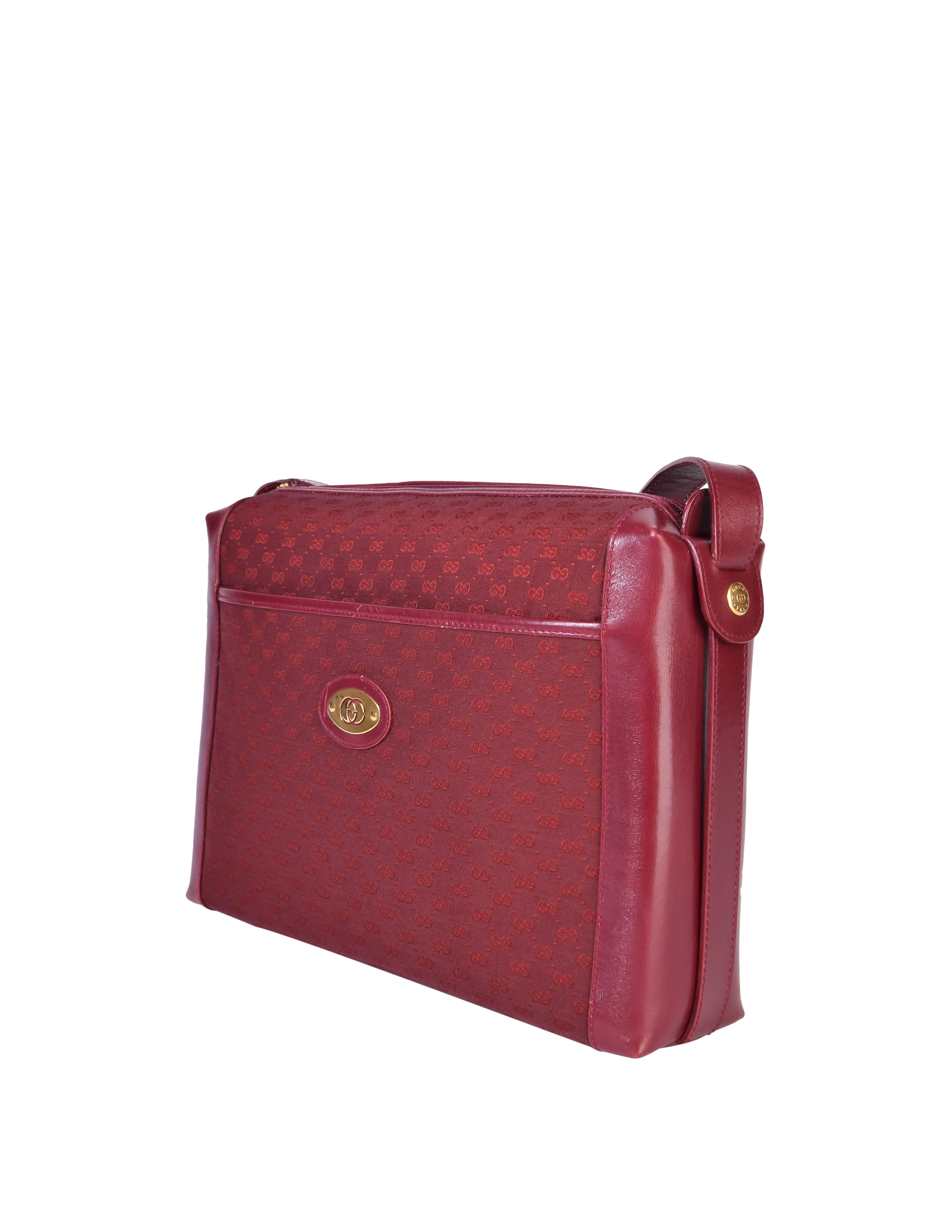 Gucci Vintage Maroon Leather and GG Logo Monogram Fabric Crossbody Bag