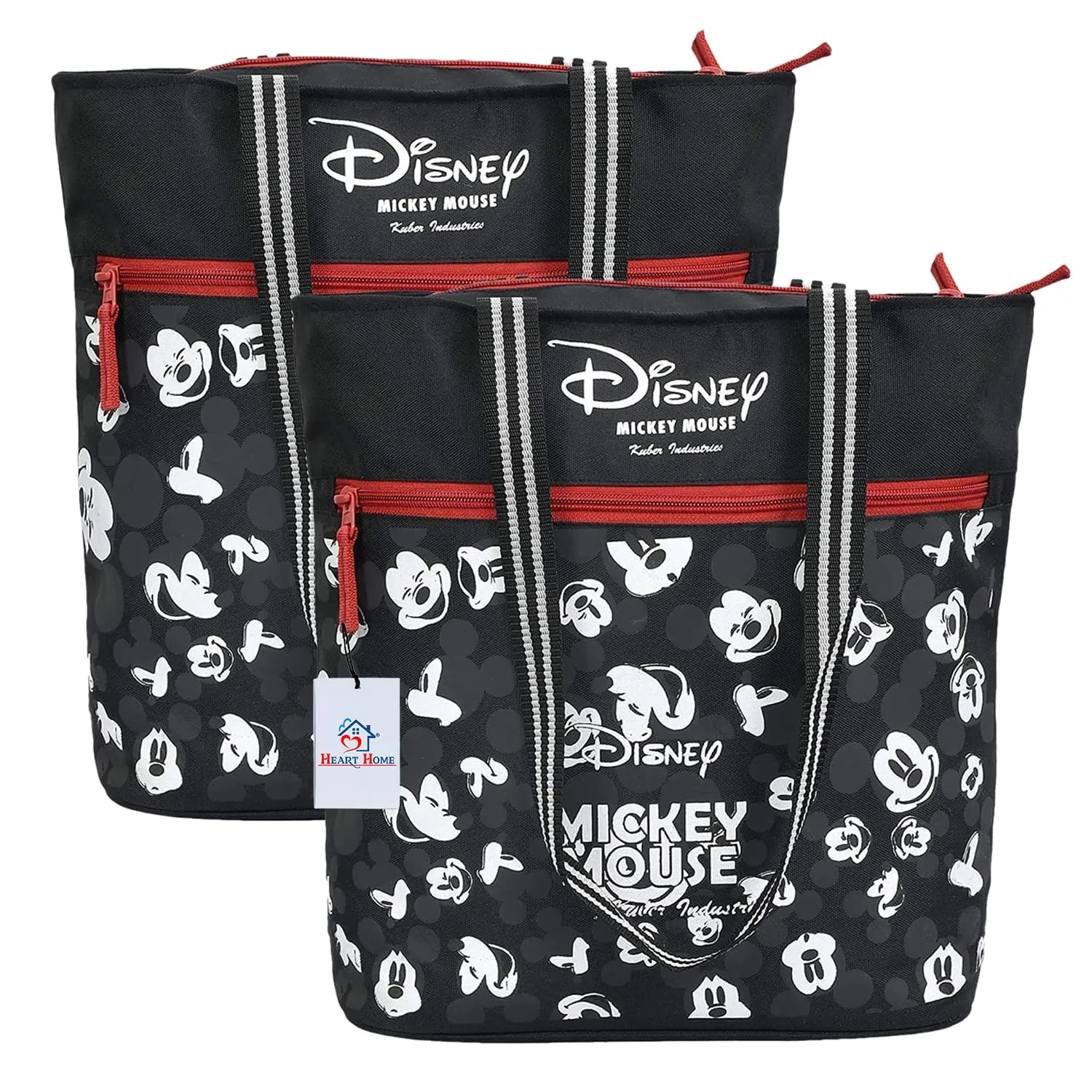 Heart Home Disney Mickey Face Print Grocery Bag | Polyester Foldable Shopping Bag | Travel Hand Bag with Front Pocket & Handle | Pack of 2 | Black