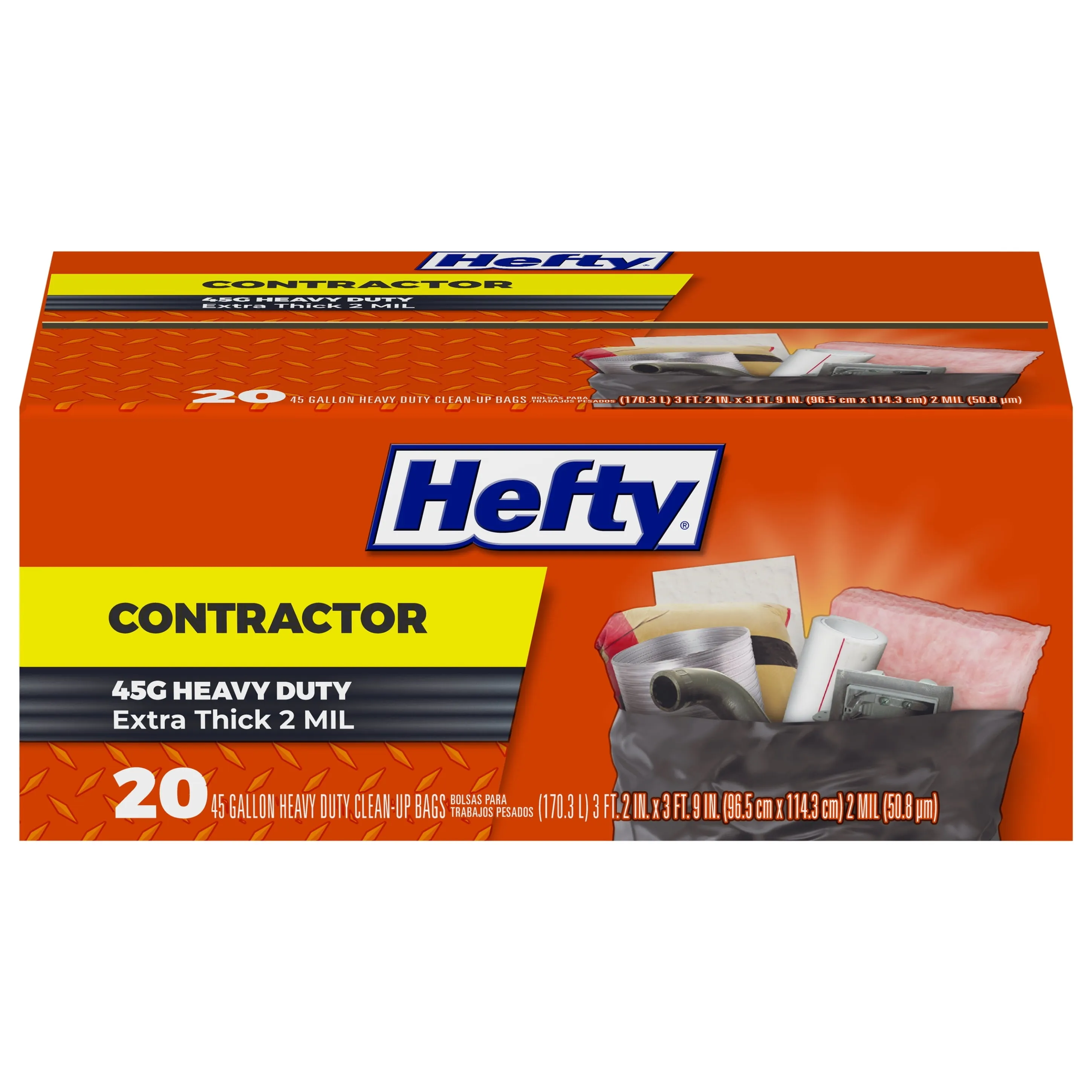 Hefty Heavy Duty Contractor Extra Large Trash Bags, 45 Gallon, 20 Count