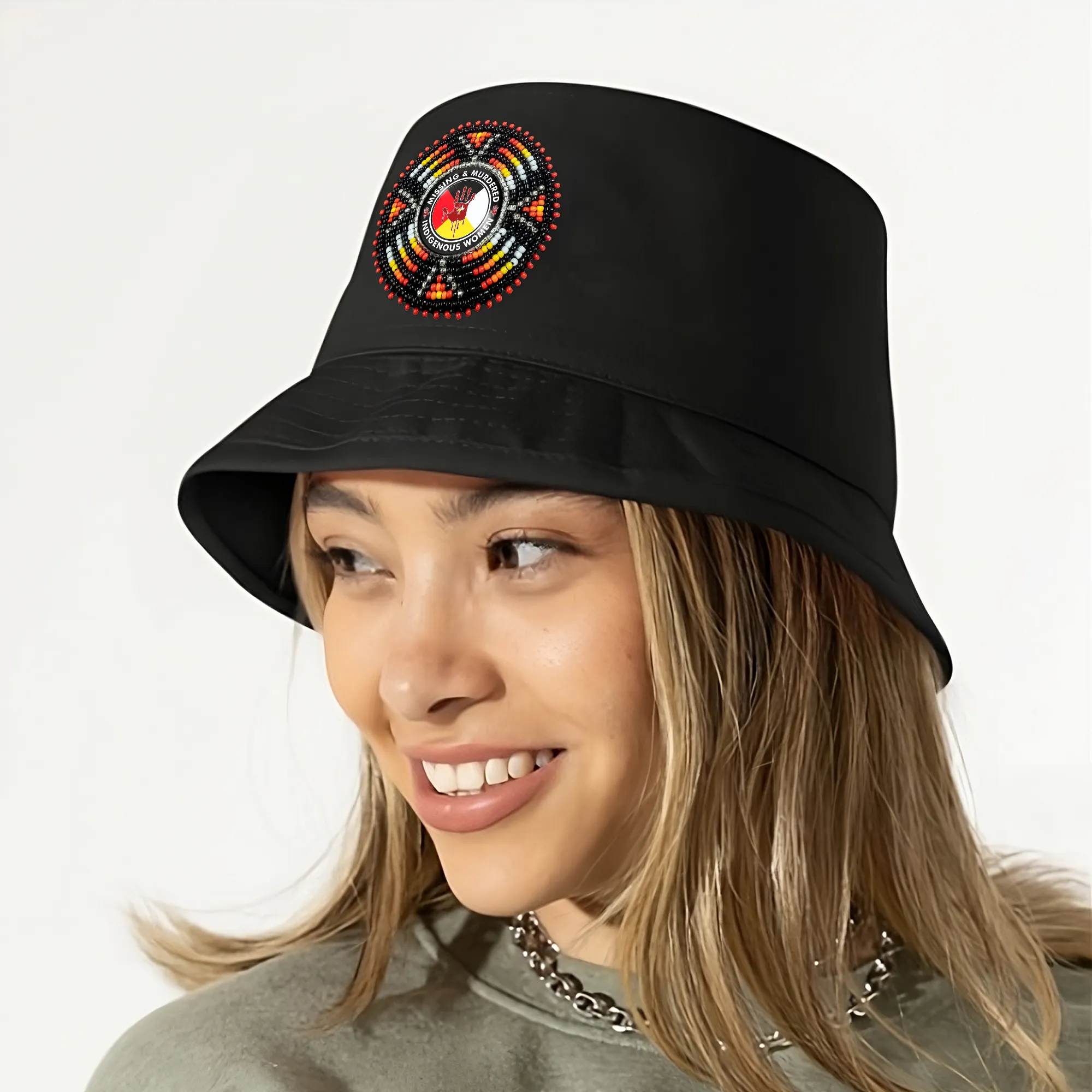 SALE 50% OFF - Missing and Murdered Indigenious Women Beaded Unisex Cotton Bucket Hat with Native American