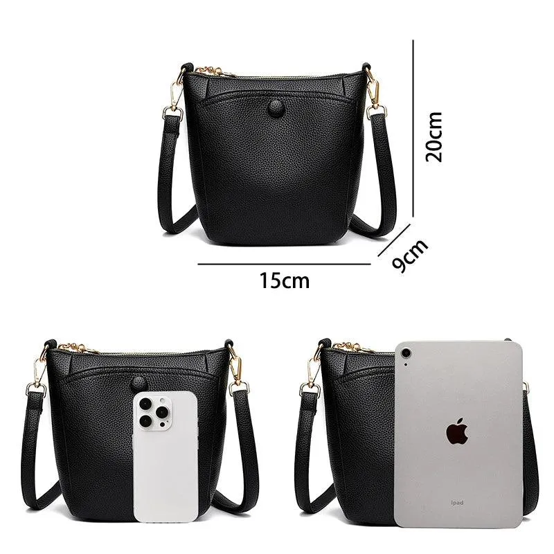 Soft Leather Crossbody Bags Mini Zipper Bucket Purses