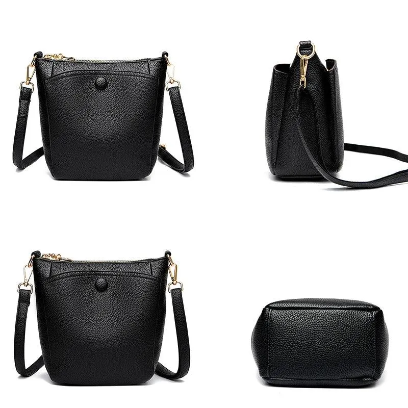 Soft Leather Crossbody Bags Mini Zipper Bucket Purses