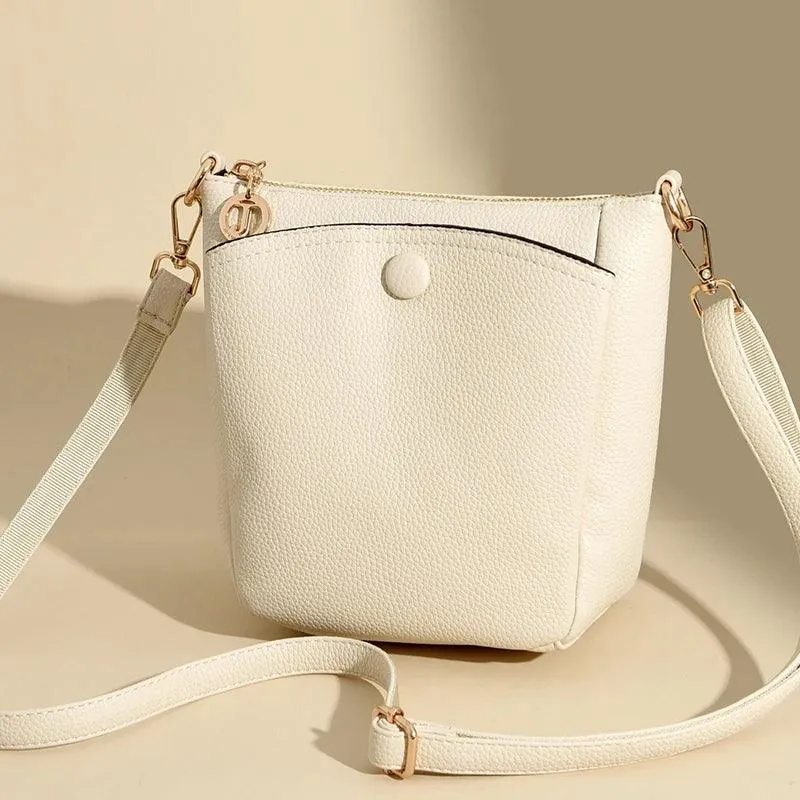 Soft Leather Crossbody Bags Mini Zipper Bucket Purses