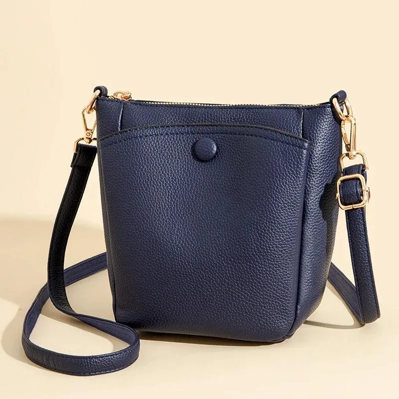 Soft Leather Crossbody Bags Mini Zipper Bucket Purses