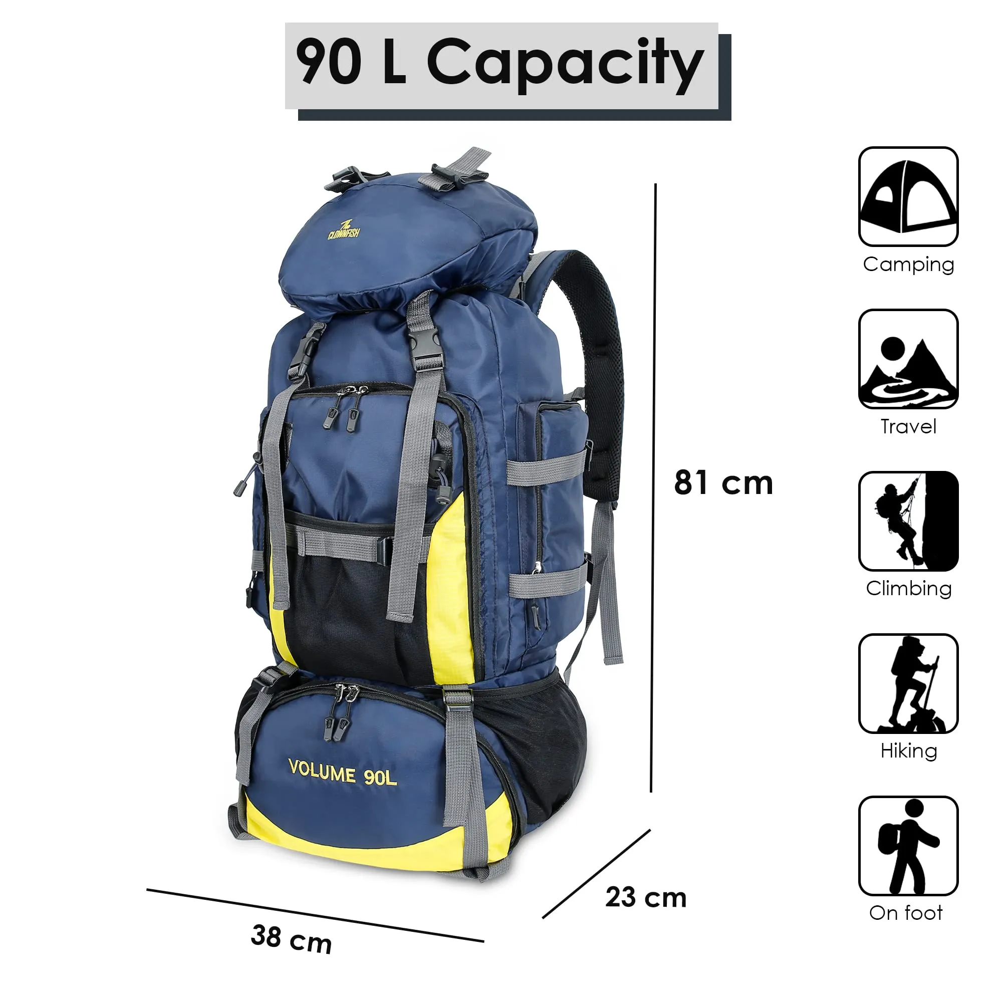 THE CLOWNFISH Summit Seeker 90 Litres Polyester Travel Backpack for Mountaineering Outdoor Sport Camp Hiking Trekking Bag Camping Rucksack Bagpack Bags (Dark Blue)