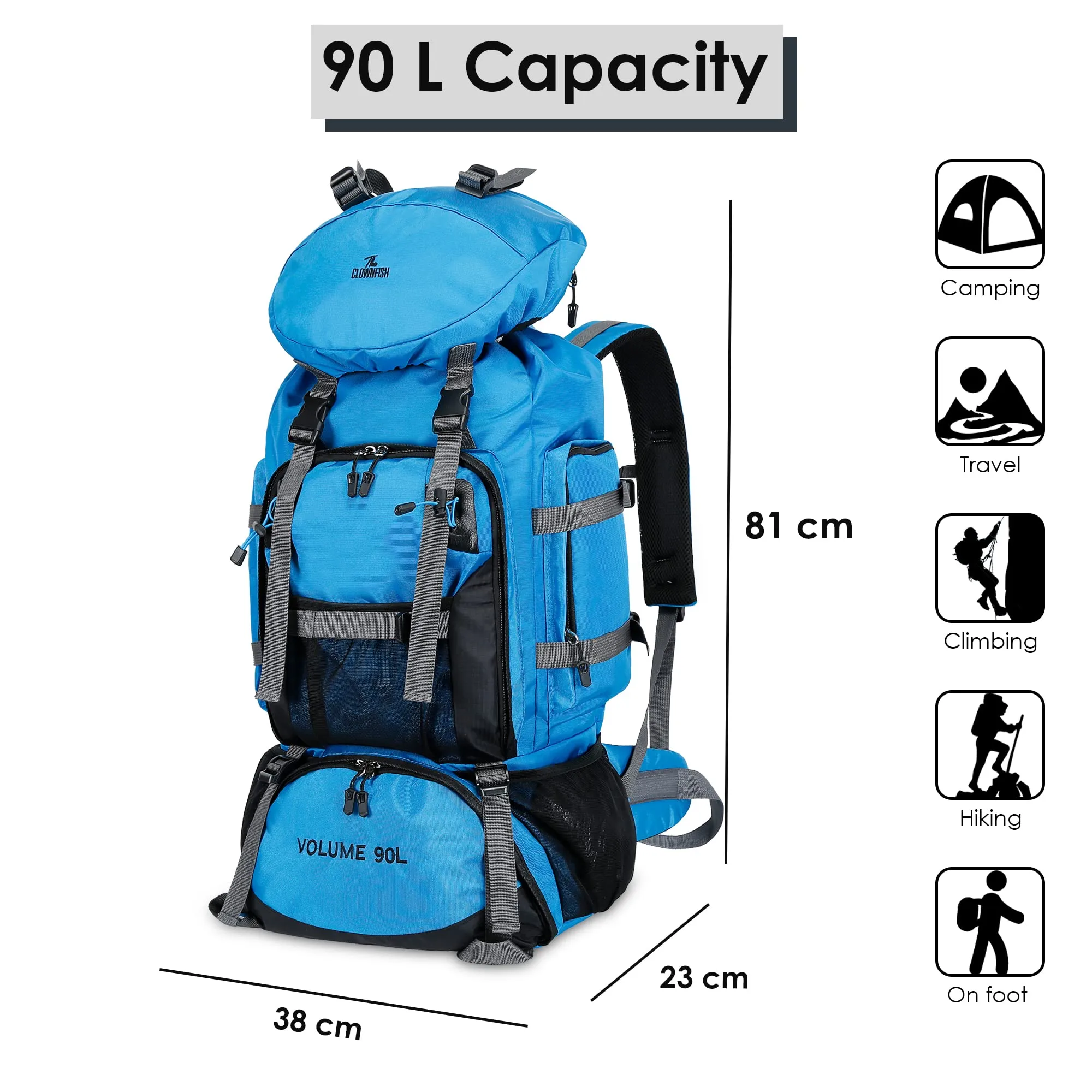 THE CLOWNFISH Summit Seeker 90 Litres Polyester Travel Backpack for Mountaineering Outdoor Sport Camp Hiking Trekking Bag Camping Rucksack Bagpack Bags (Sky Blue)